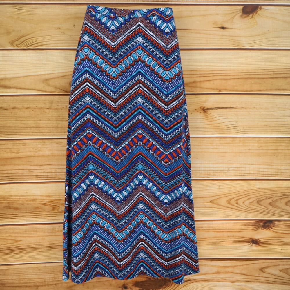 Lily Star Maxi Skirt Womens Size S Colorful Geometric Elastic Waist Stretch Soft